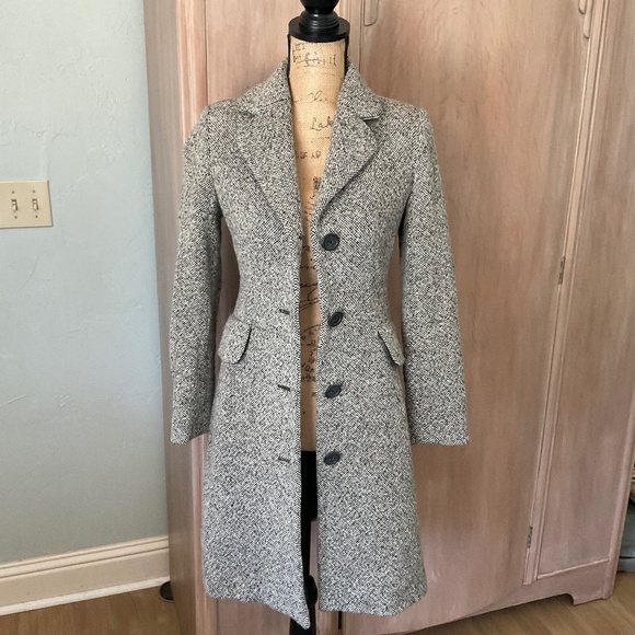 VTG 2003 Banana Republic Herringbone black white long Tweed wool winter coat XS - Picture 1 of 15